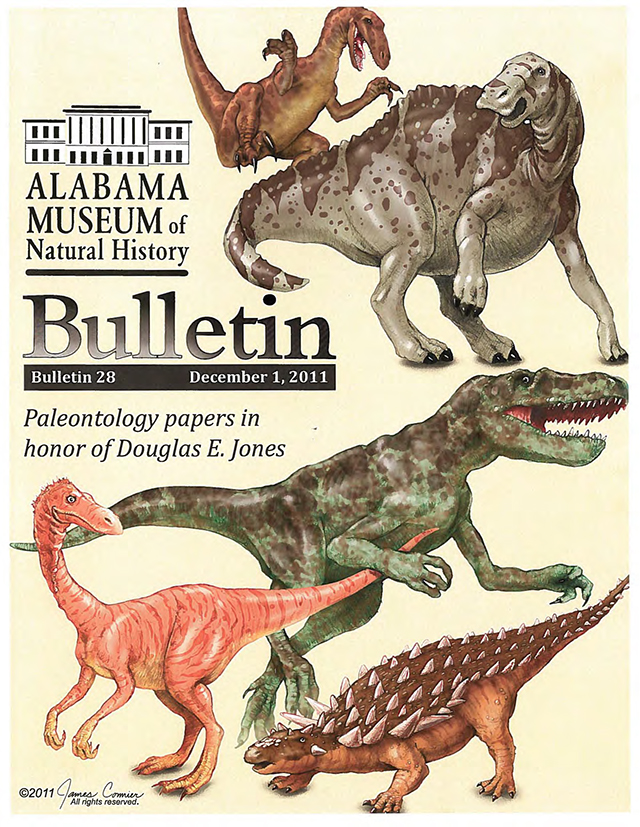 front cover of a back issue of the Bulletin, depicting a variety of dinosaurs